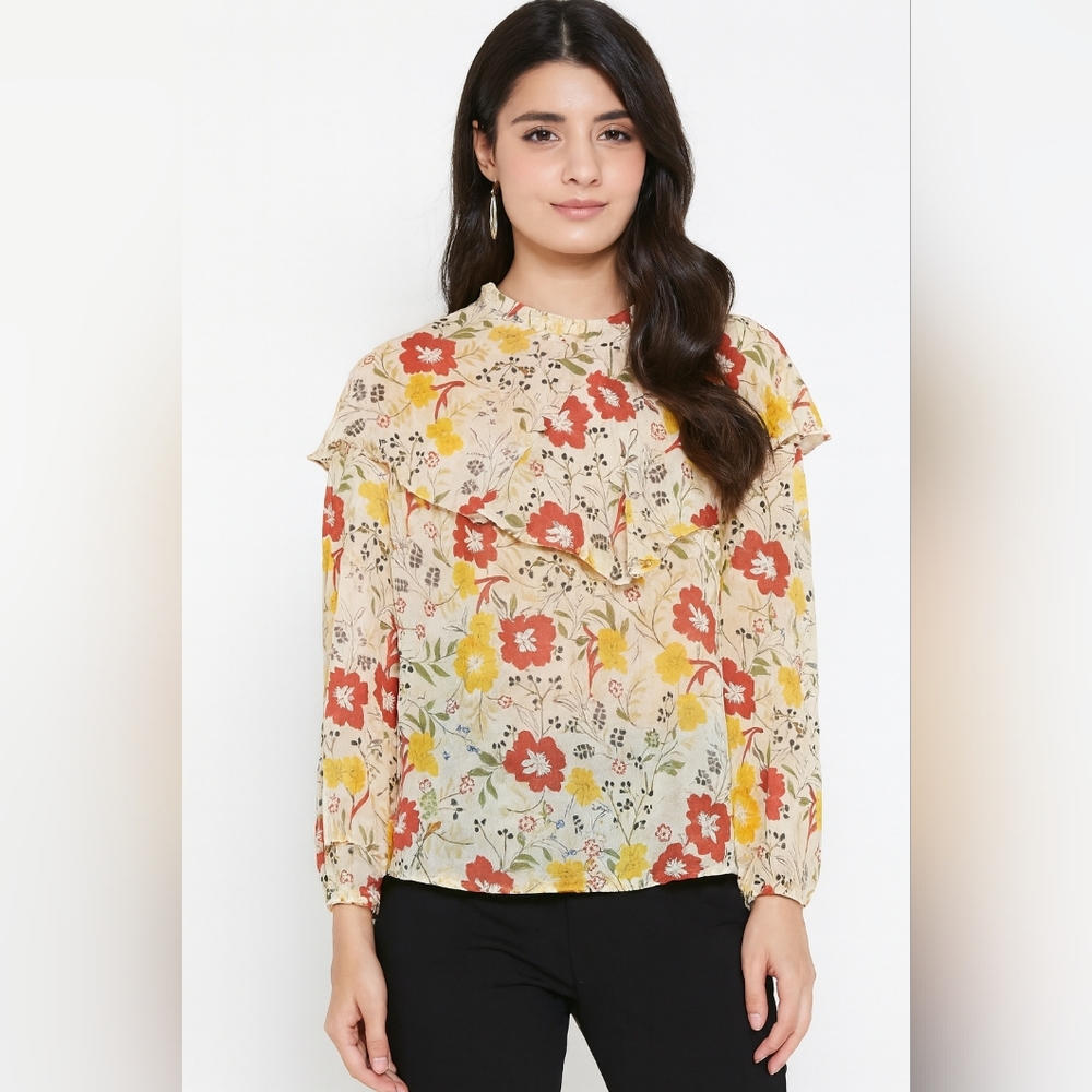 Molly Bracken Premium Poppy Floral Sheer Keyhole Cottage Prairie Top Size S